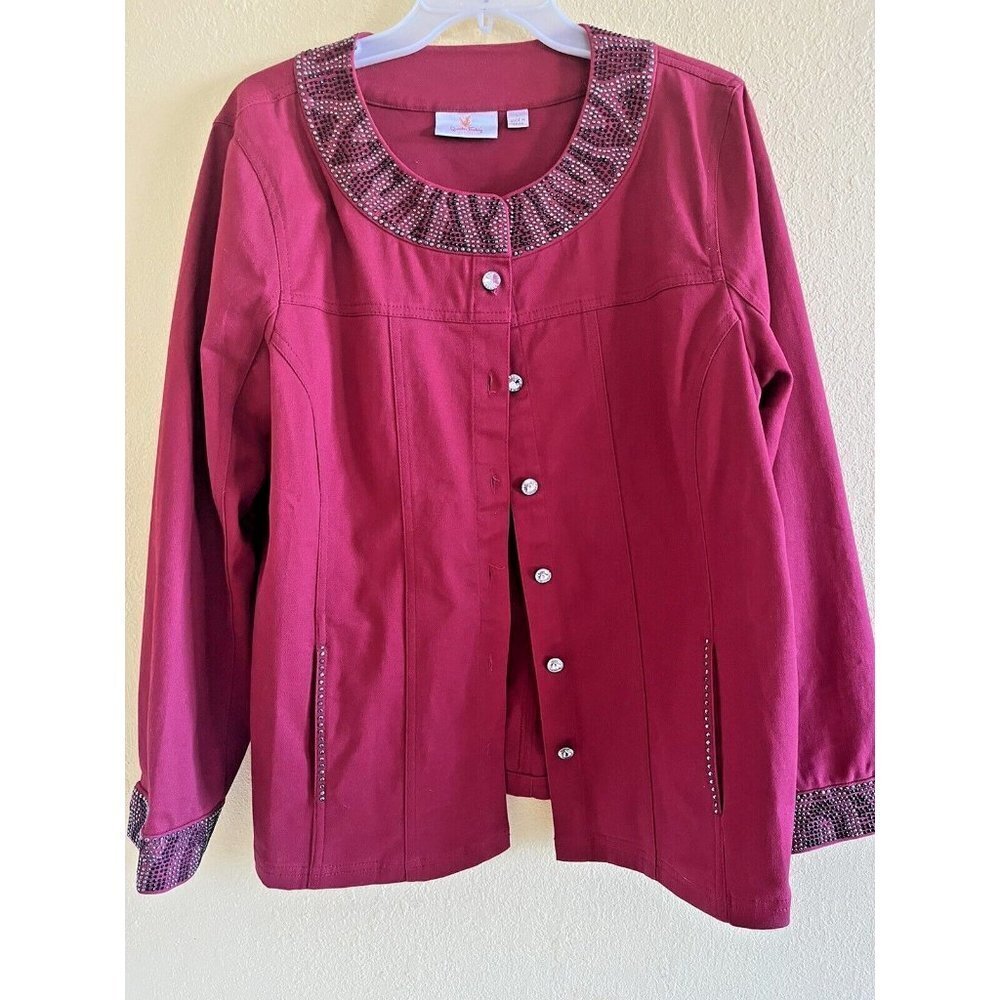 Quacker Factory Size L 14-16 Women's Red Denim Jacket Rhinestone Bling Casual